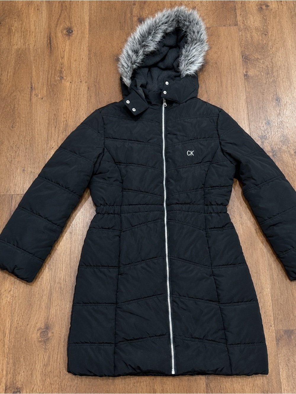 Calvin Klein Black Quilted Hooded Puffer Coat with Faux Fur Hood